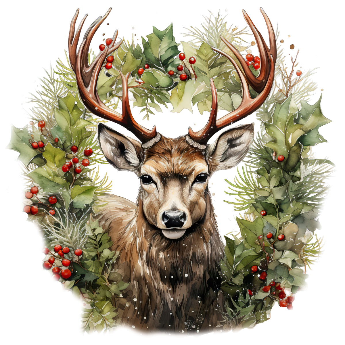 Deer head with antlers inside a Christmas wreath of leaves and berries.