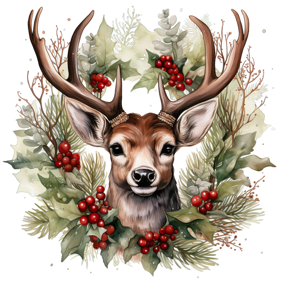 Deer with antlers in a Christmas wreath, adorned with holly and pine.