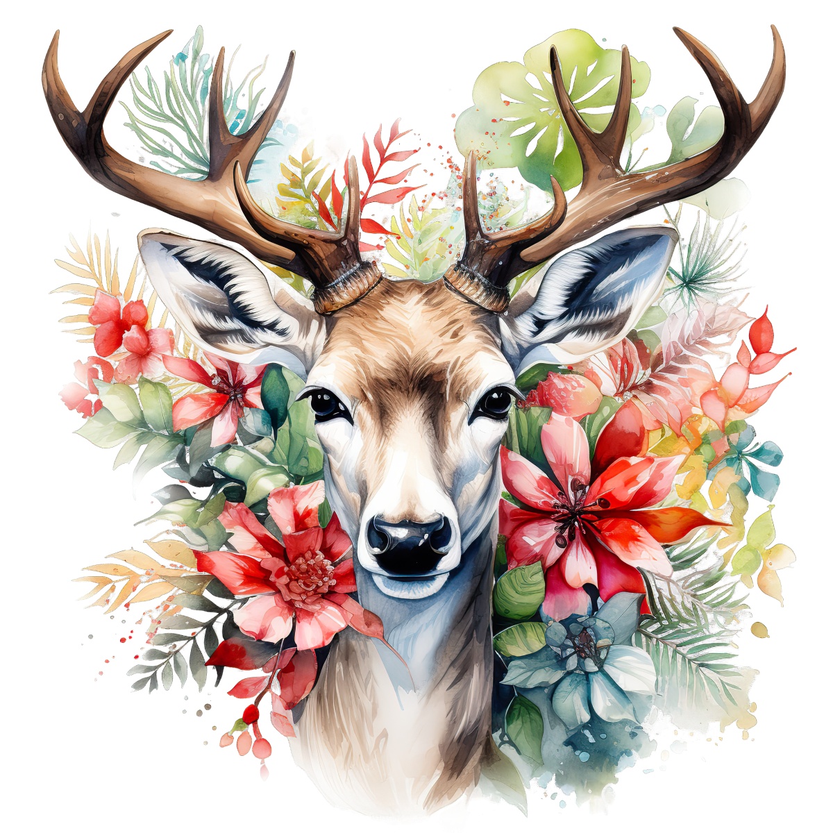 Deer head with large antlers surrounded by colorful flowers and leaves.