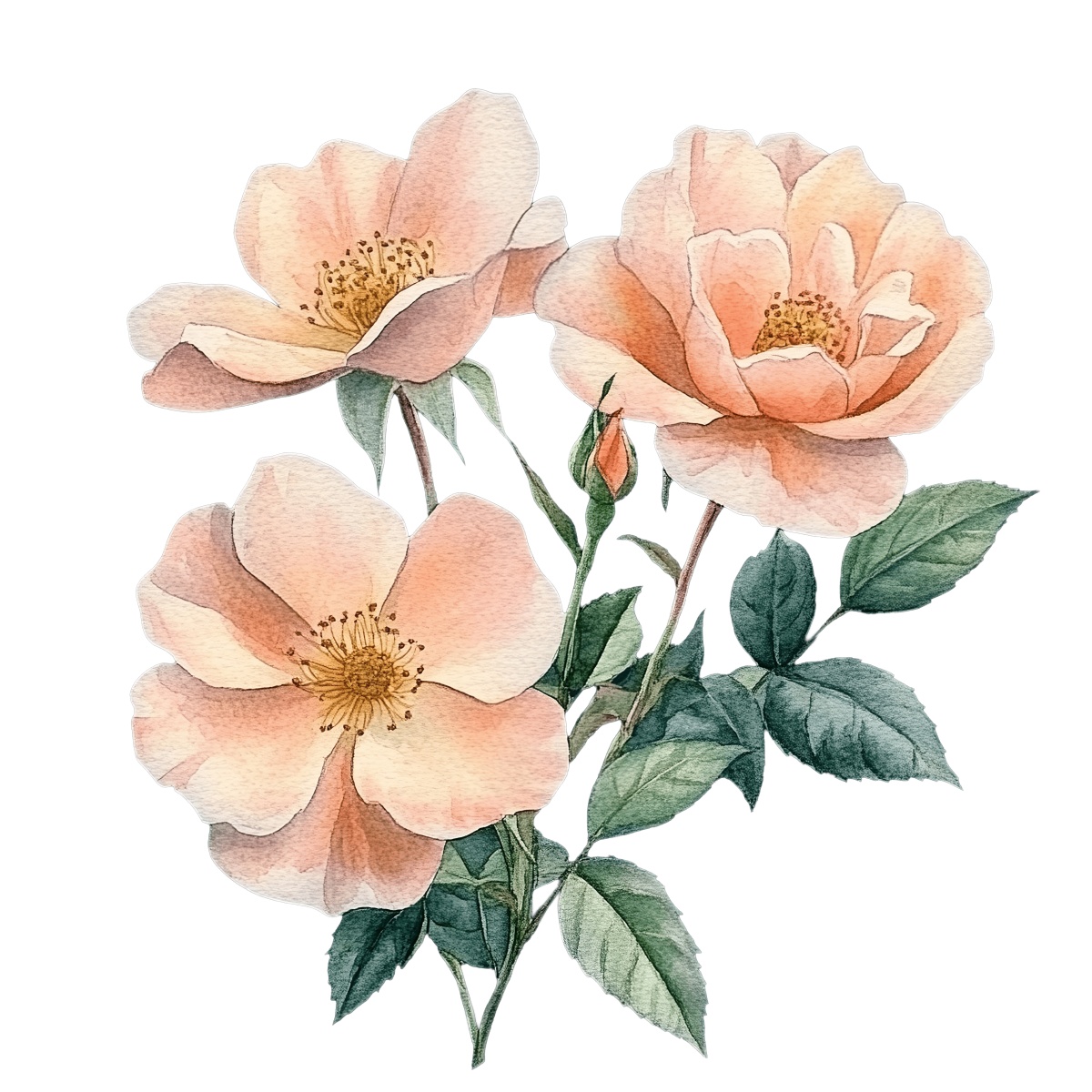 Watercolor peach roses with green leaves on a black background.