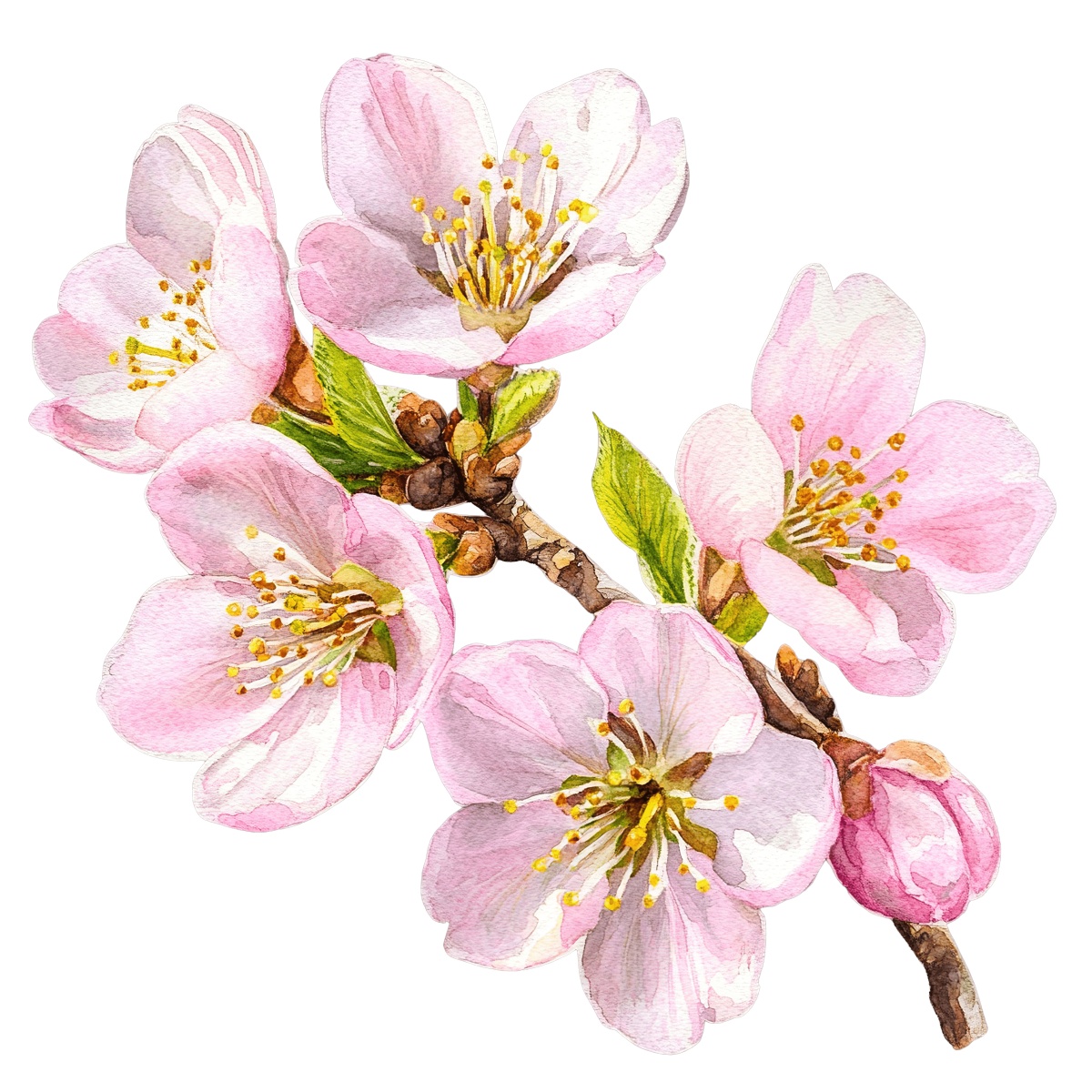 Delicate pink cherry blossoms on a branch with green leaves.