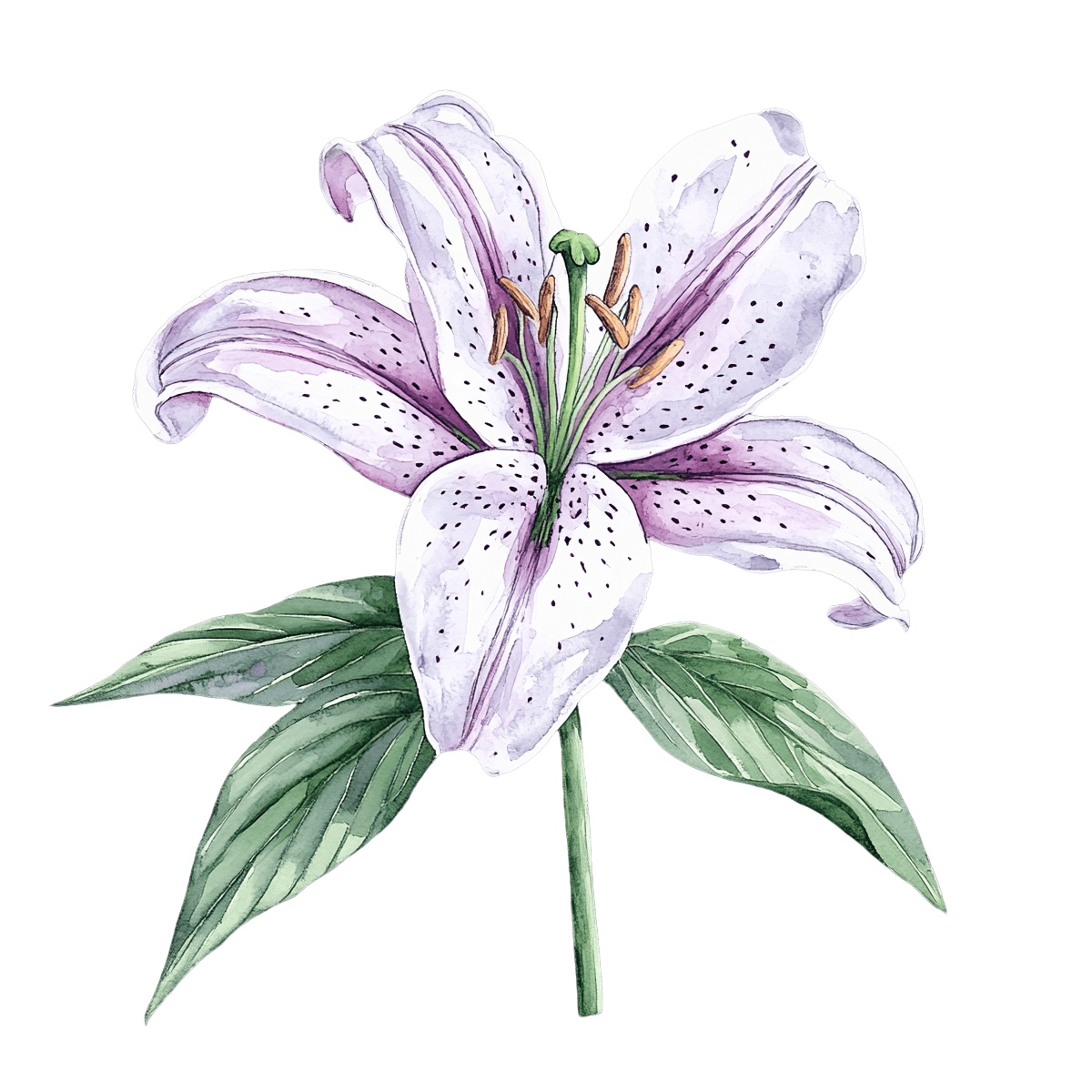 Purple lily with green leaves in a detailed vector clipart illustration.