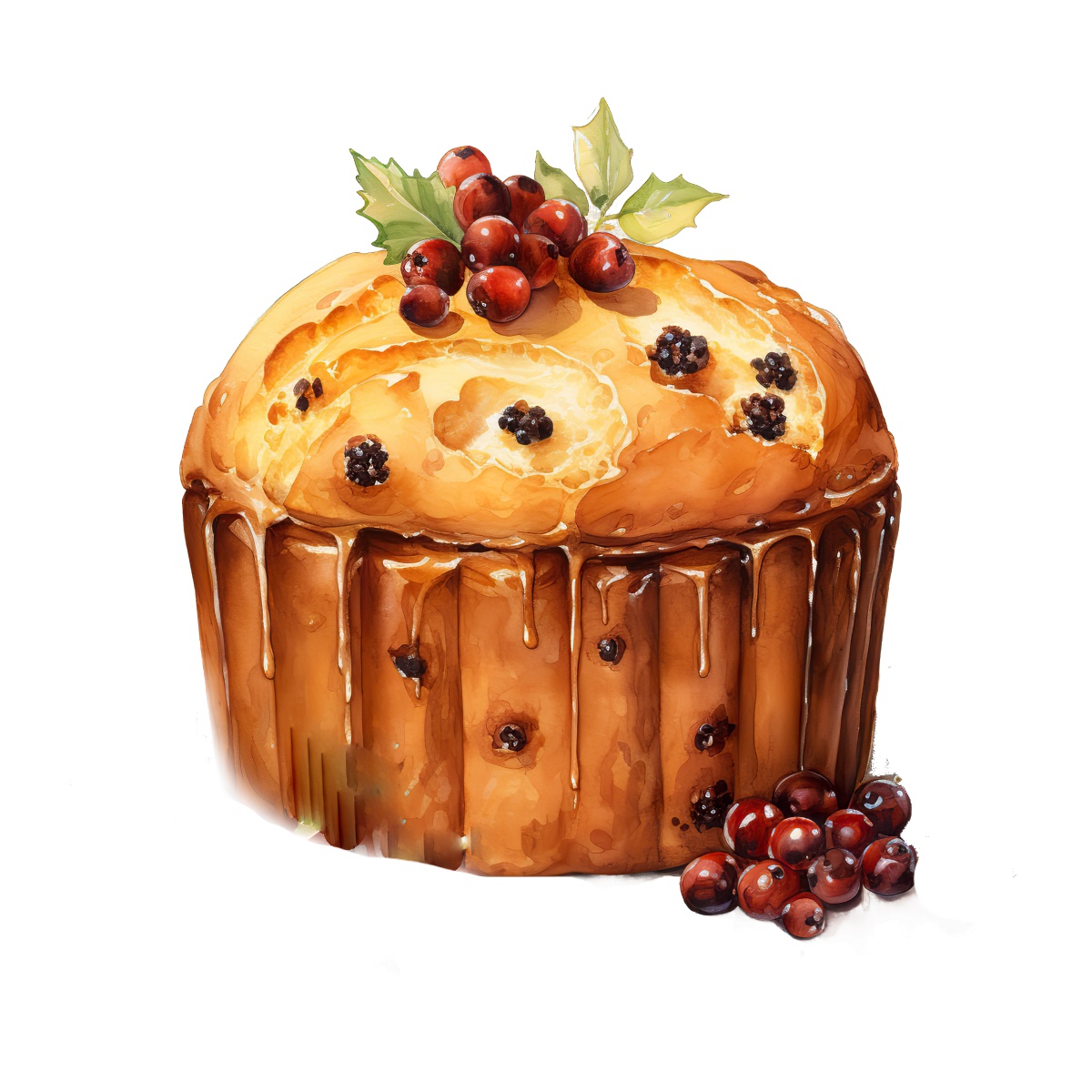 A panettone with berries and leaves on top, glazed and festive.