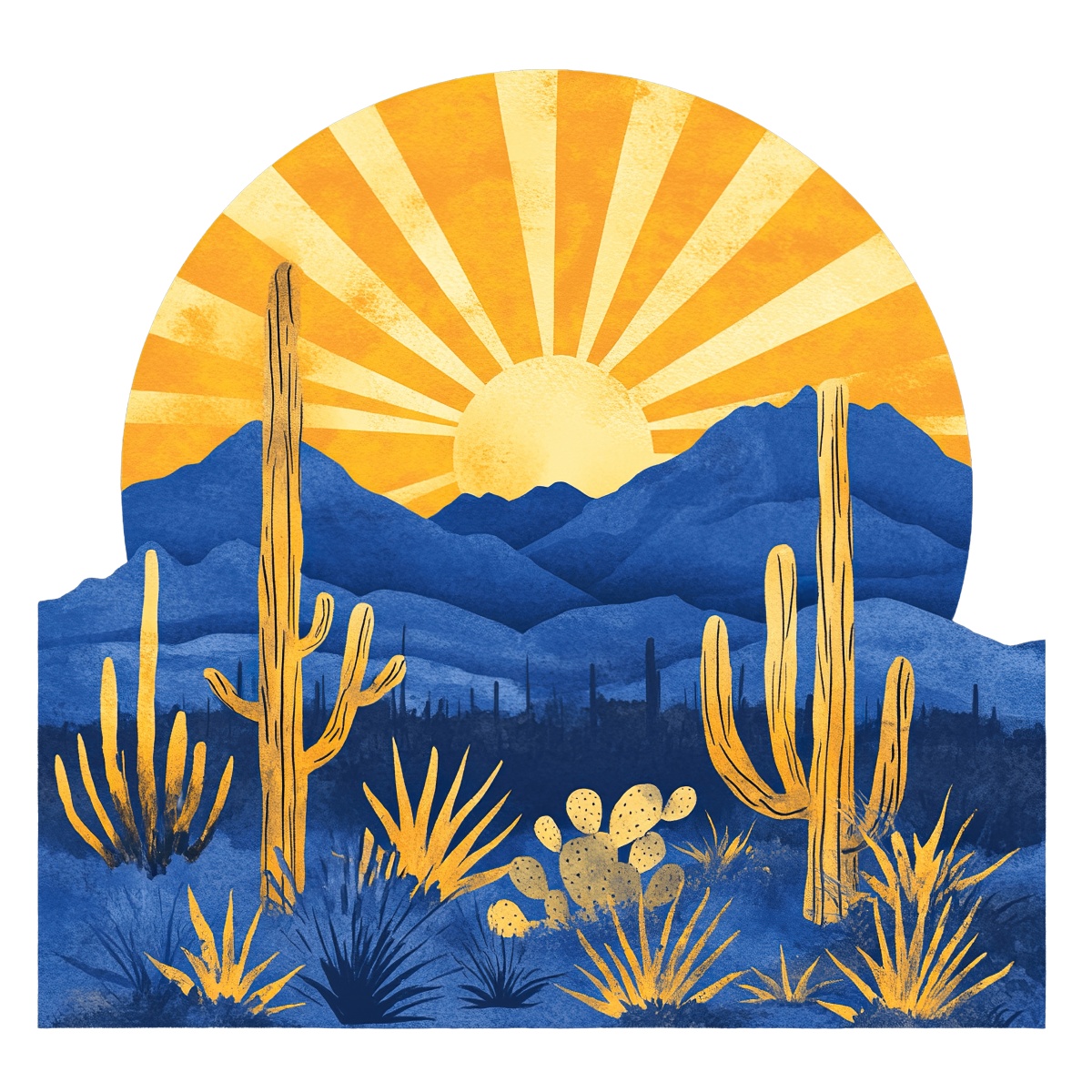 Desert scene with yellow sun, blue mountains, and various cacti.