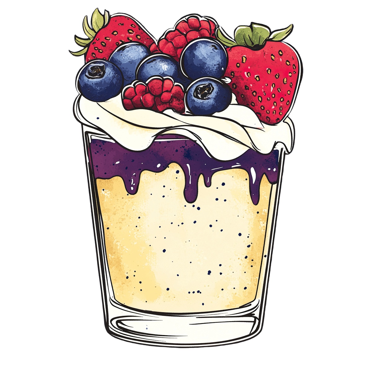 Dessert cup featuring berries and whipped cream on a creamy base.