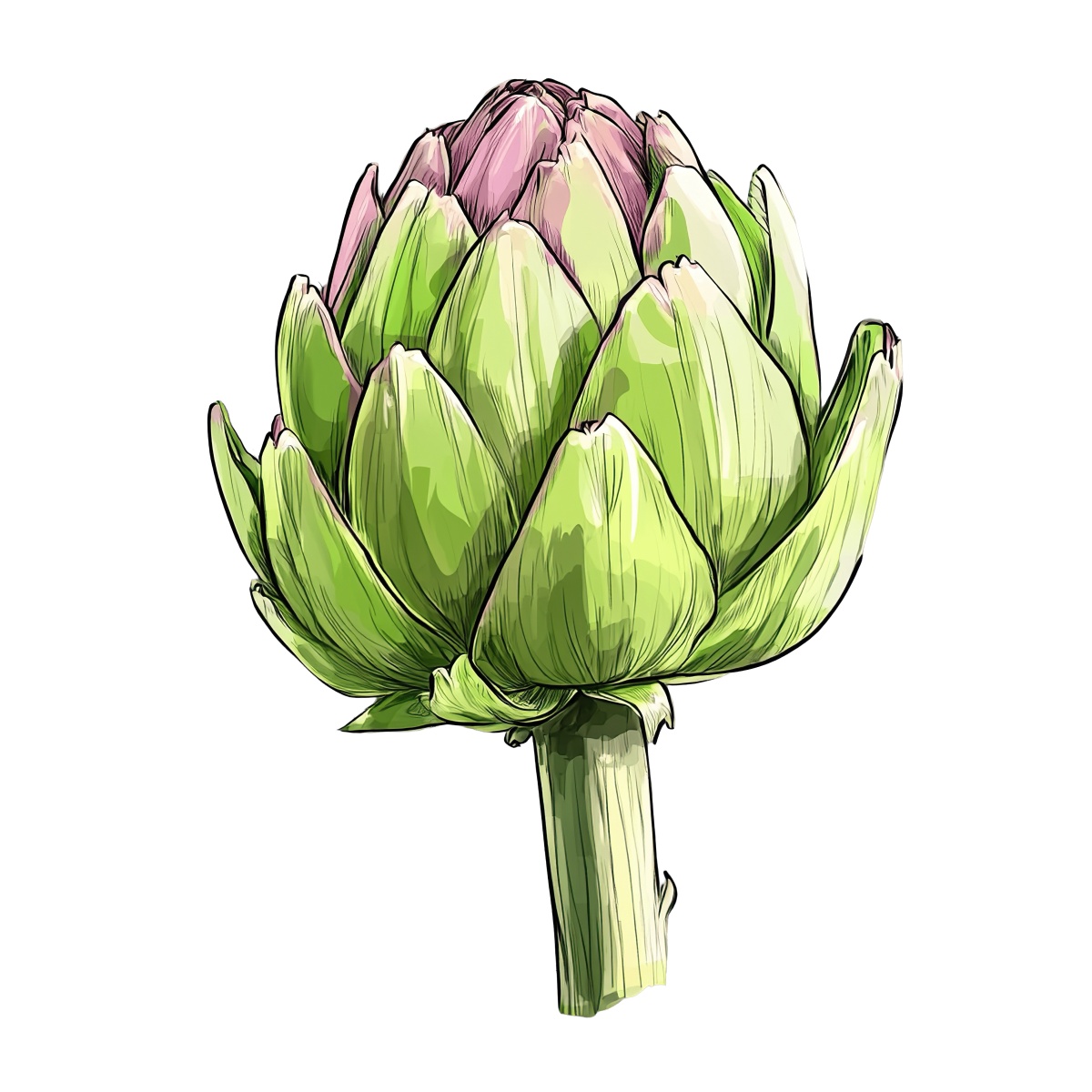 Artichoke with green leaves and purple tips in a detailed clipart style.
