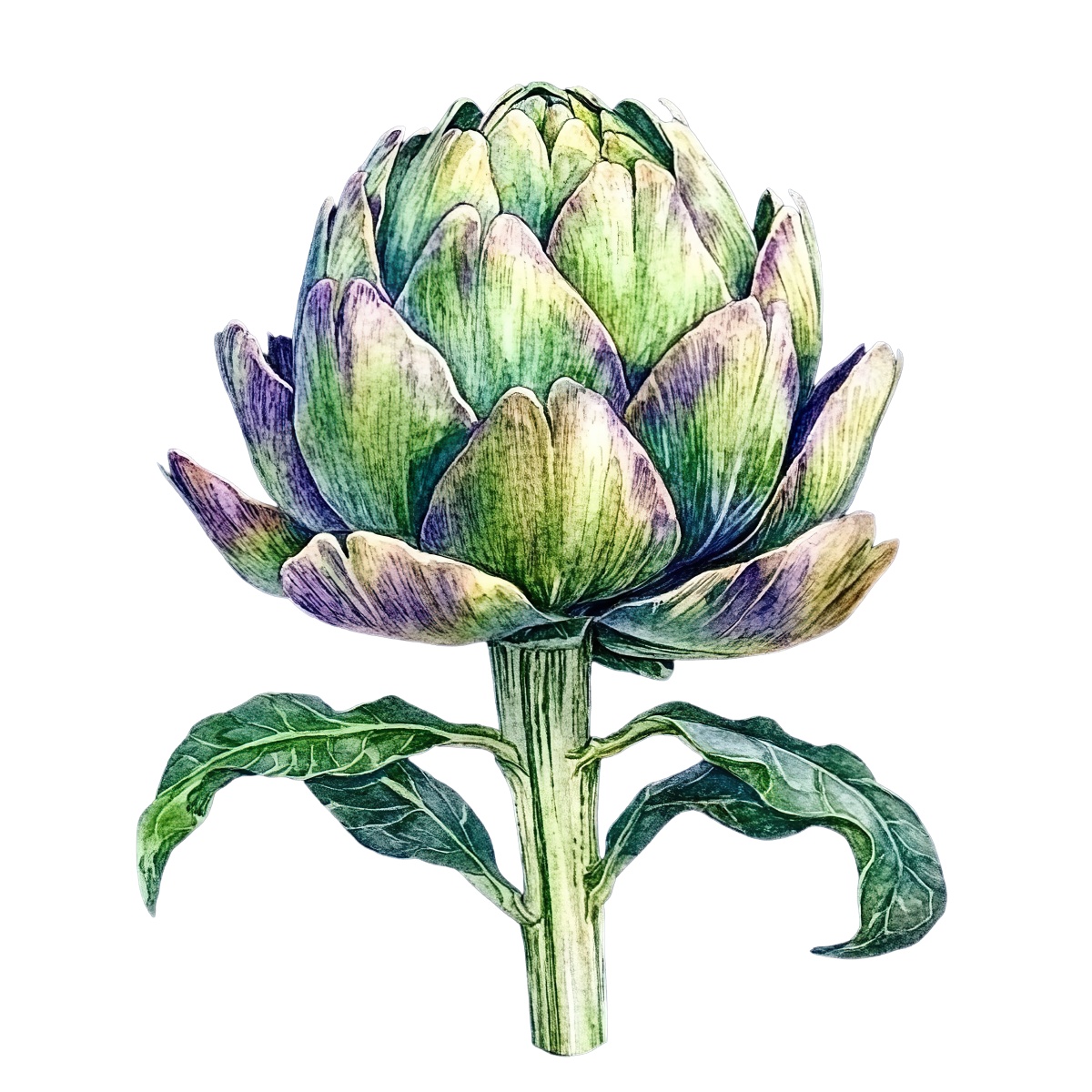 Artichoke clipart with green and purple hues, detailed depiction.