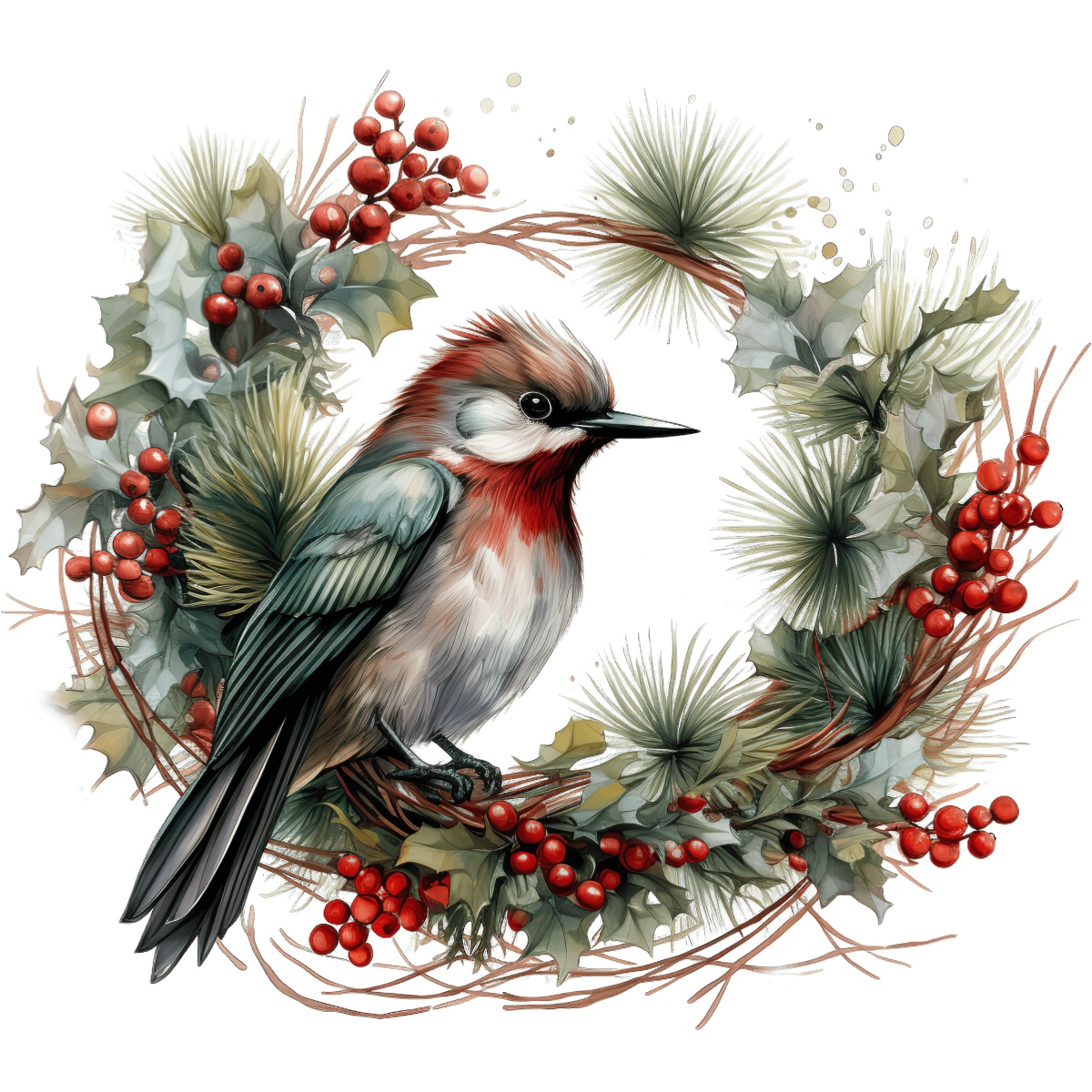 Bird perched in a festive wreath adorned with holly and pine branches.