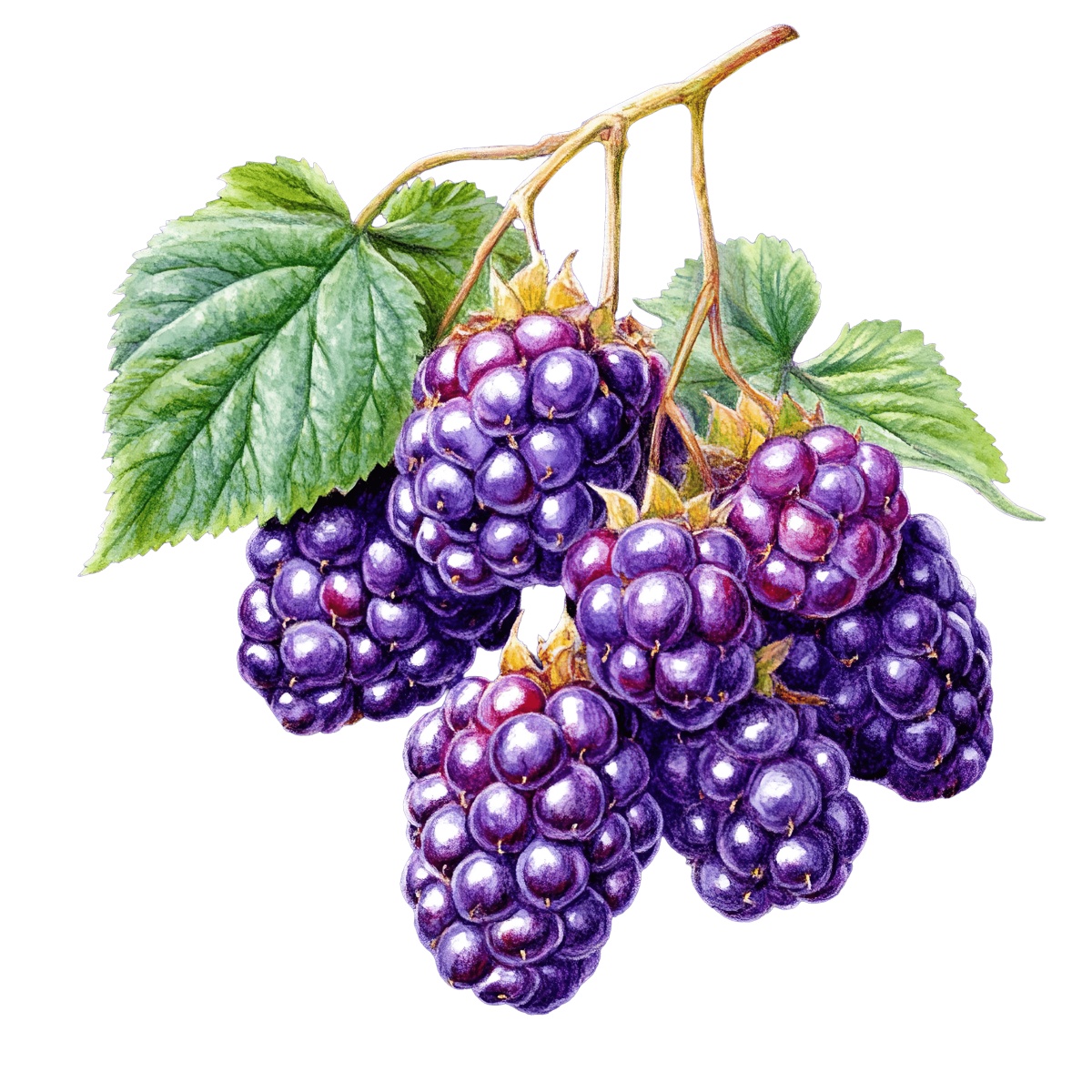 Blackberry cluster with green leaves on a branch, detailed art.