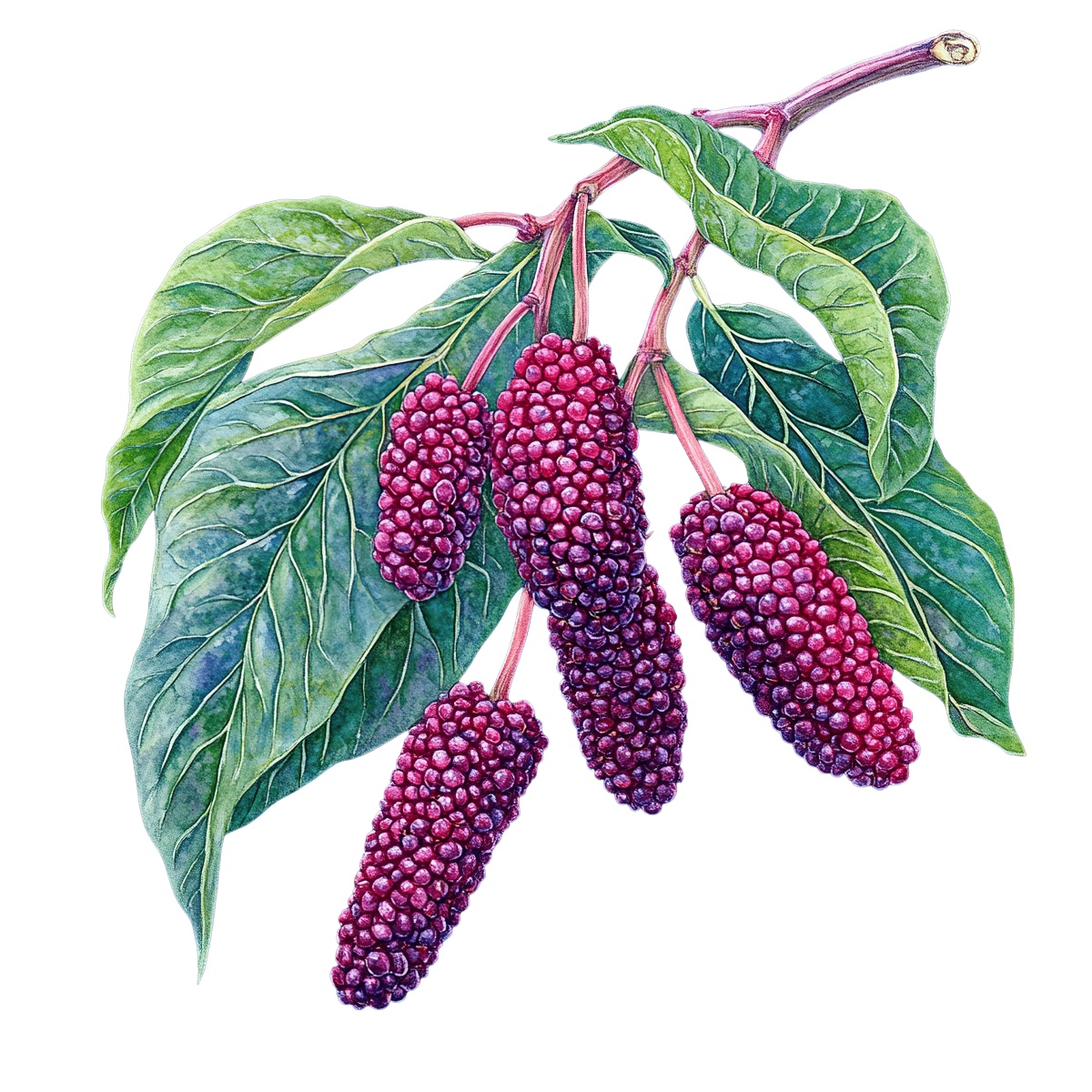 Botanical art of pokeweed plant with purple berries and green leaves.