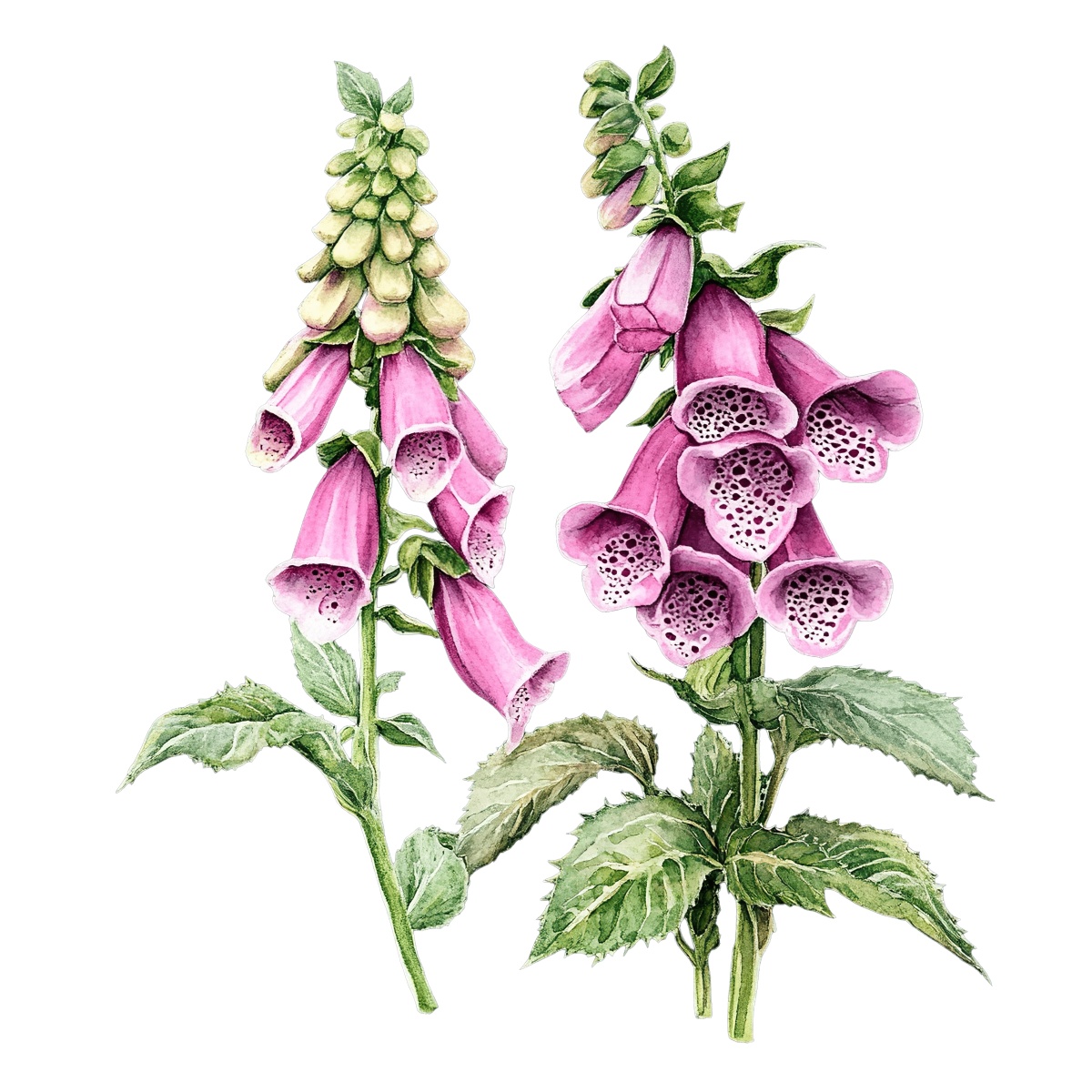 Botanical illustration of purple foxglove flowers with green leaves in vibrant detail.