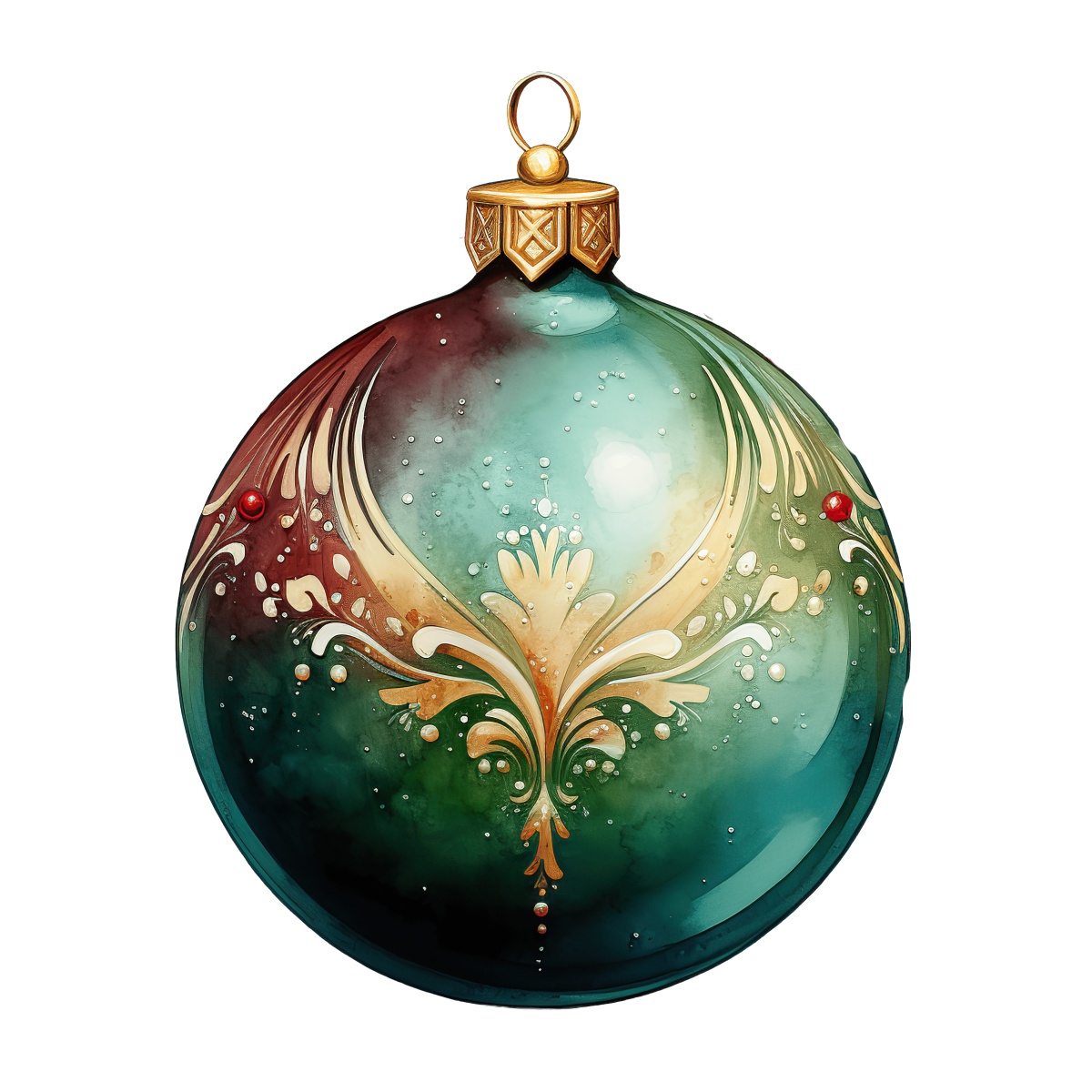 Christmas ornament with intricate gold floral design on a teal background.