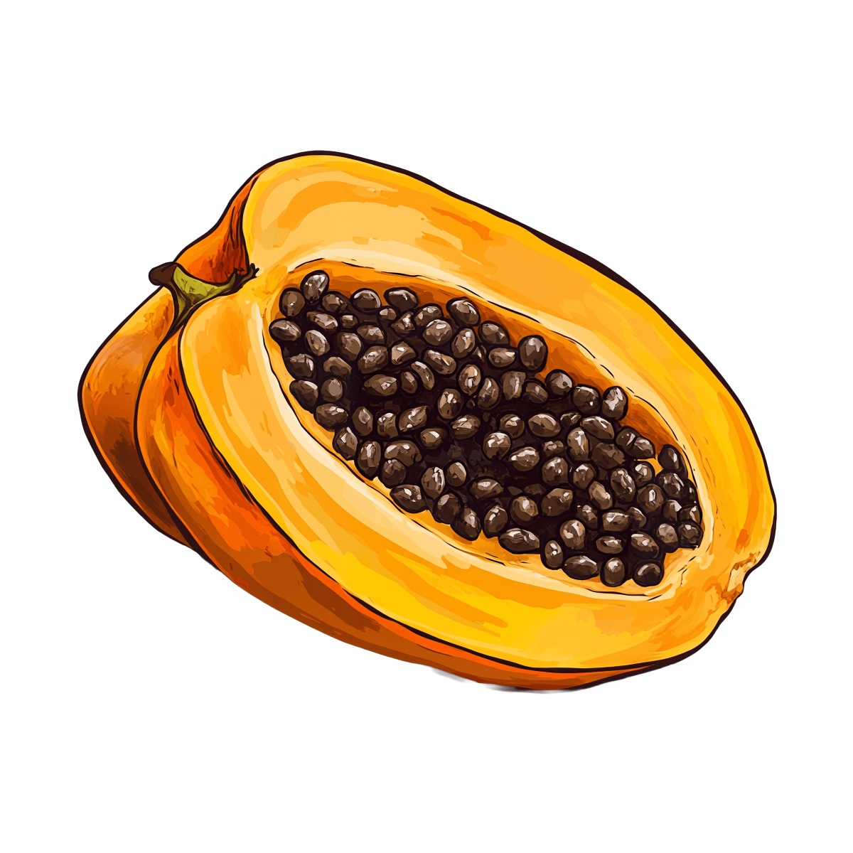 Papaya half with seeds depicted in a vibrant clipart style.