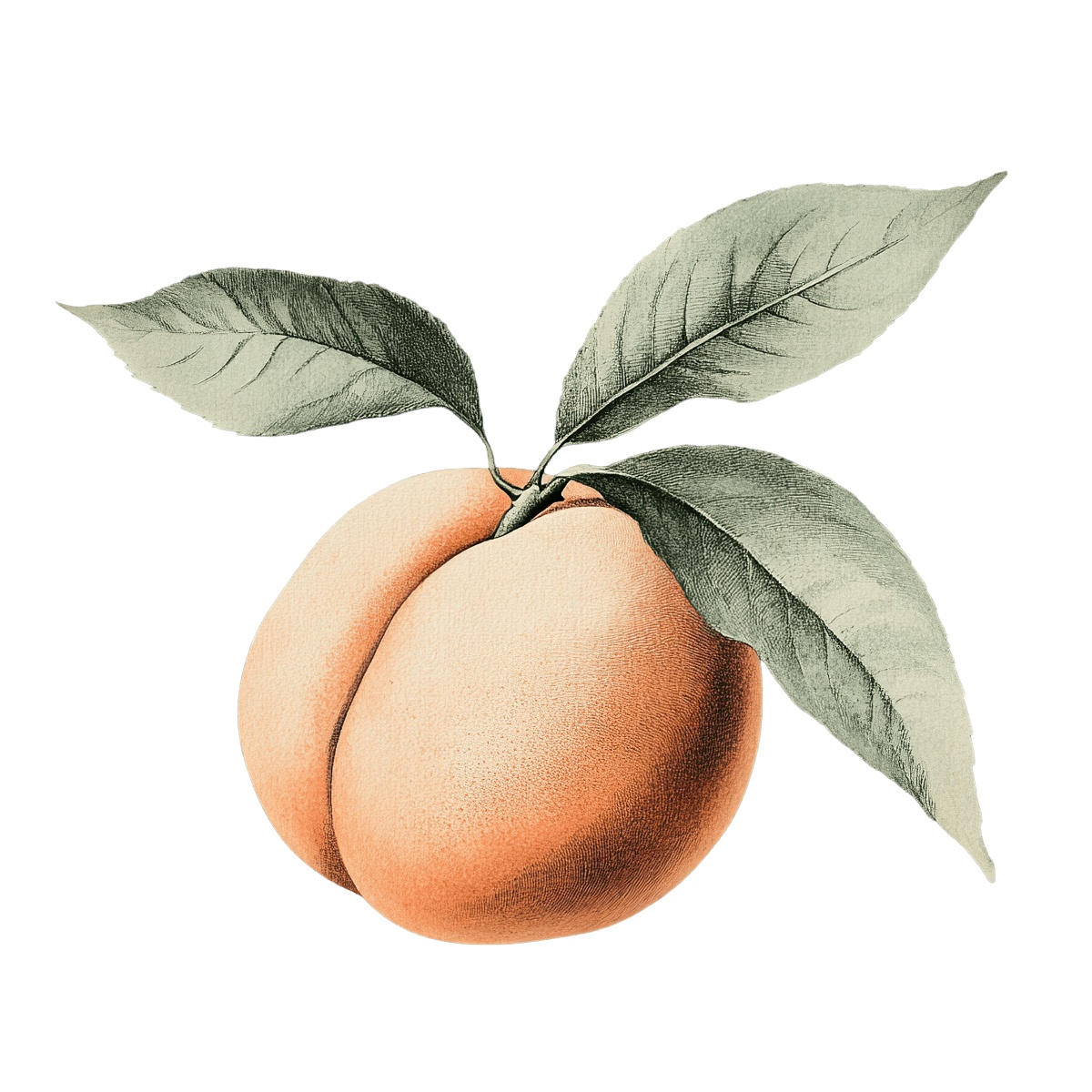 Peach with green leaves in a detailed clipart style.