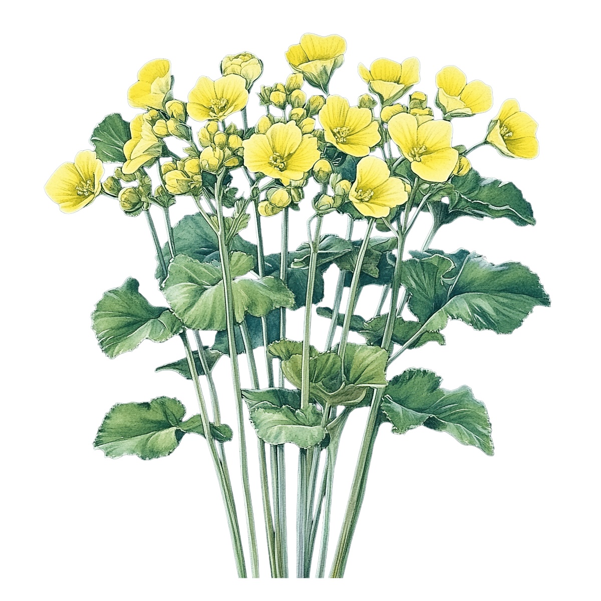 Yellow mustard flowers with green leaves in a detailed clipart style.
