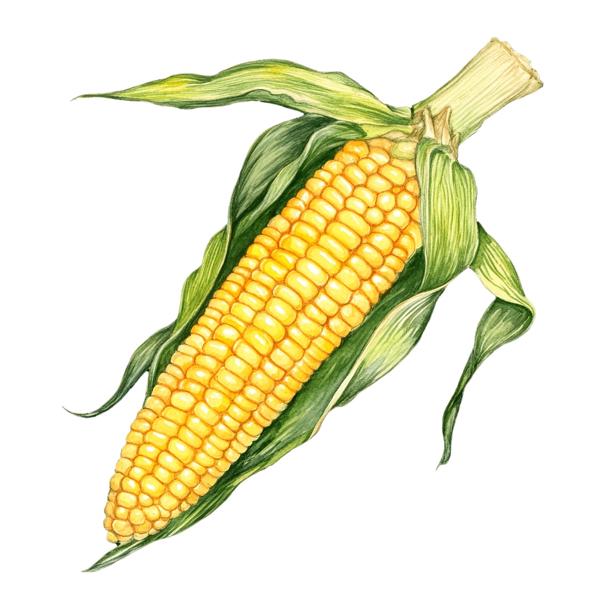 Corn on the cob with green husk and yellow kernels.