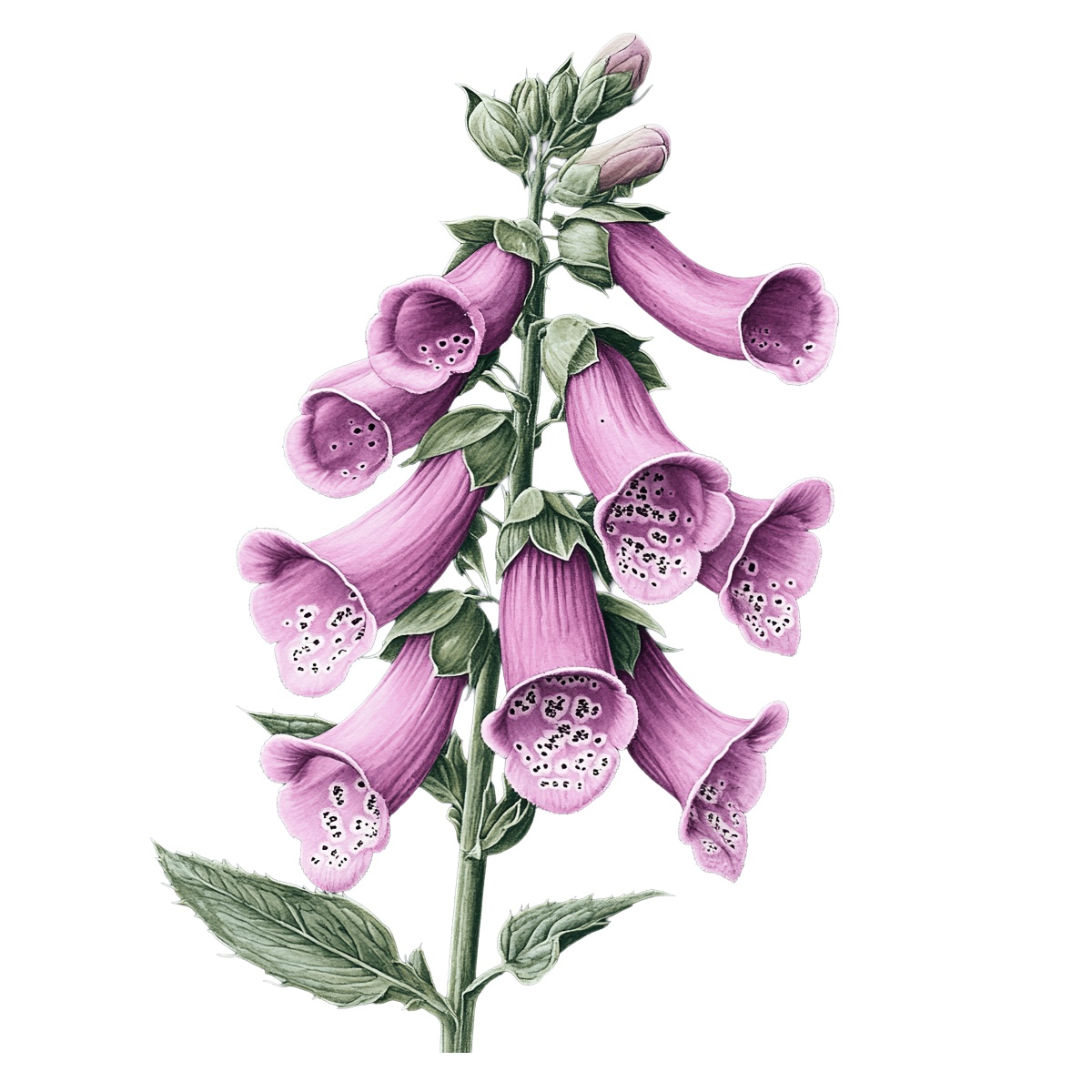 Purple foxglove flower with green leaves on a black background.