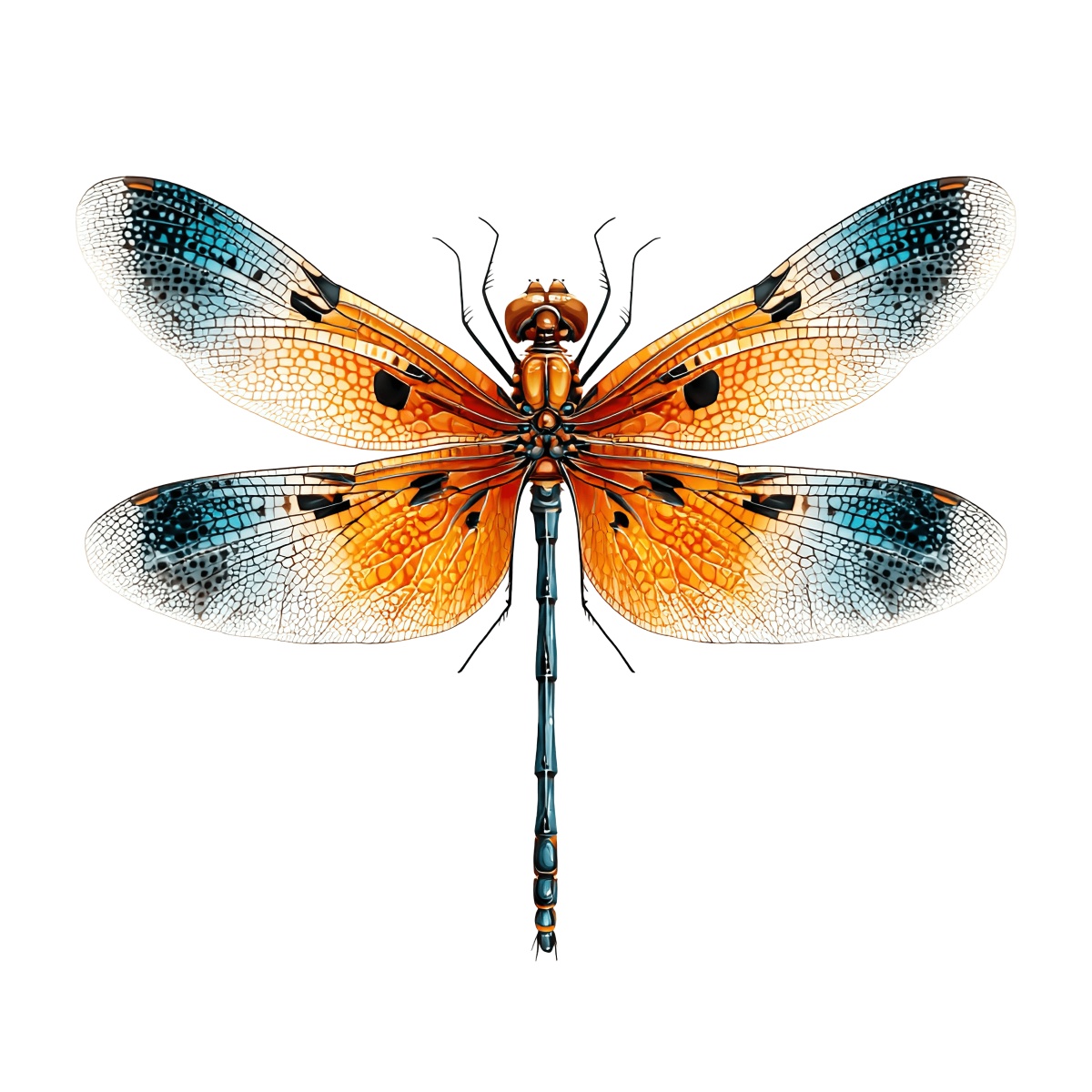 Dragonfly with orange and blue detailed wings on plain background.