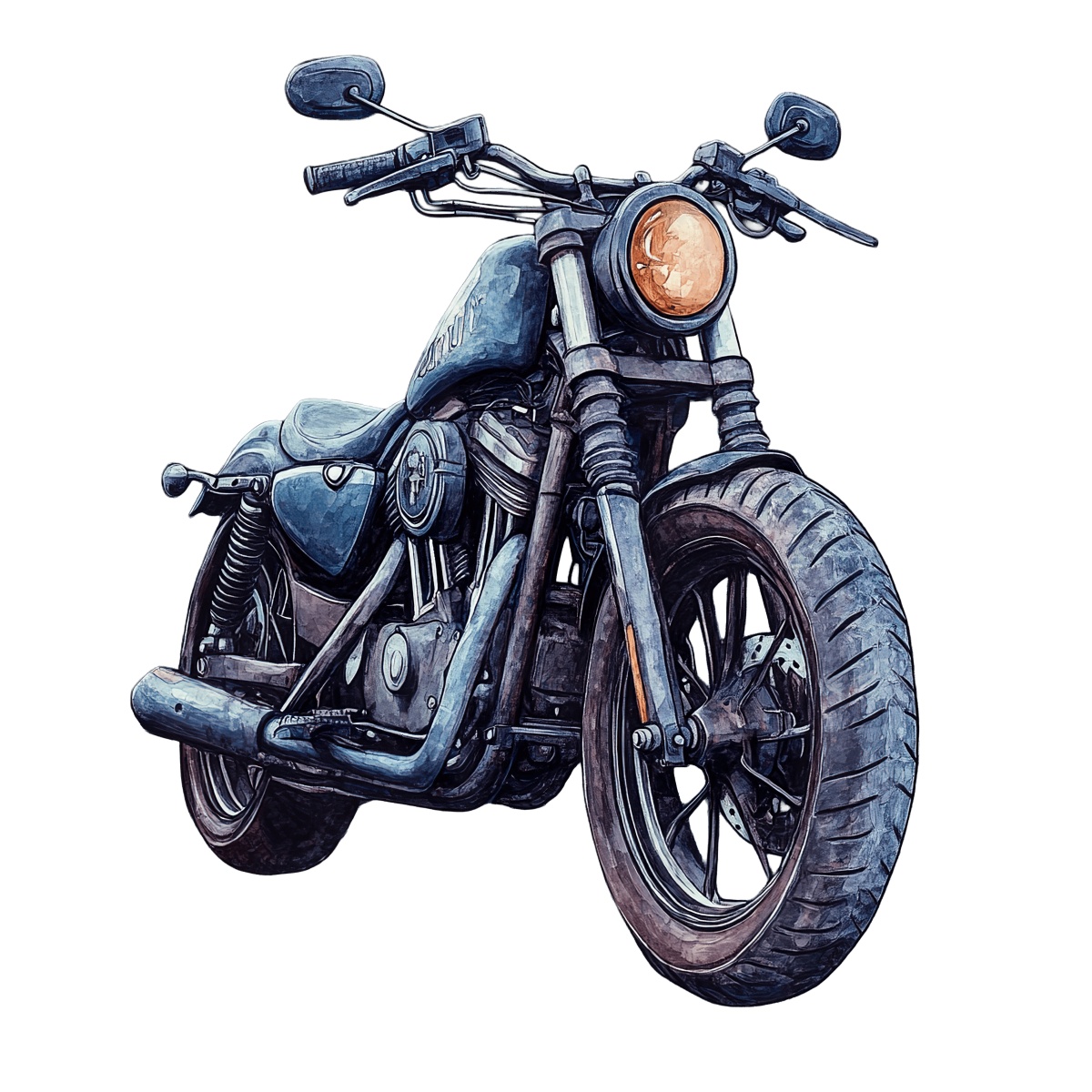 Classic cruiser motorcycle illustration featuring large wheels and detailed design elements.