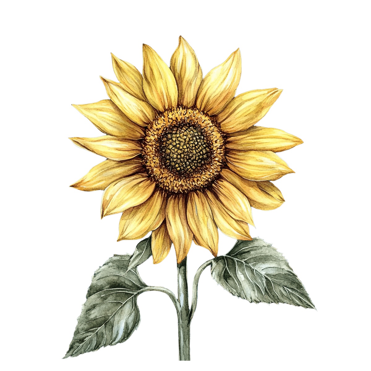 Yellow sunflower with green leaves in a detailed illustration on a black background.