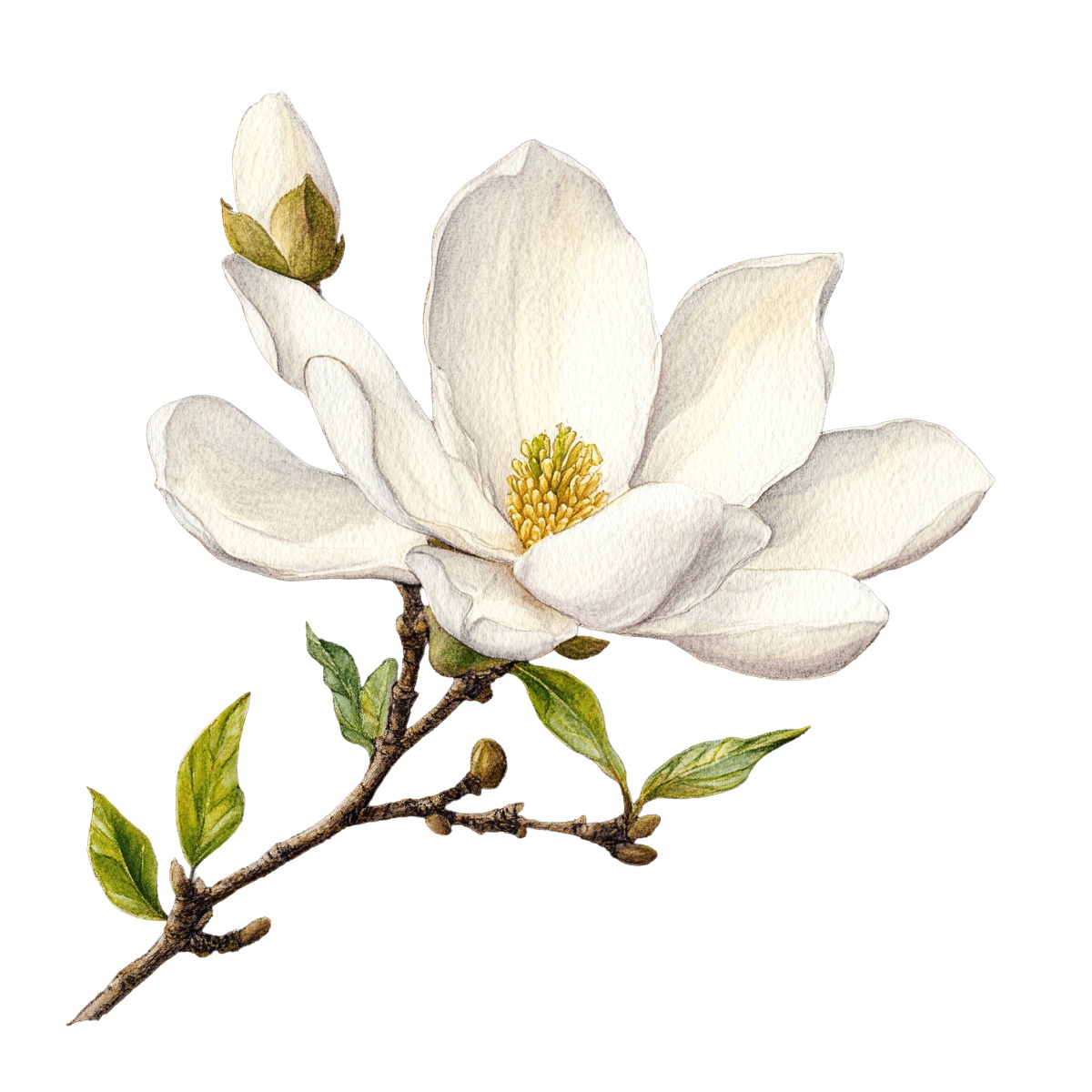 Magnolia flower with green leaves and buds illustrated on black background.