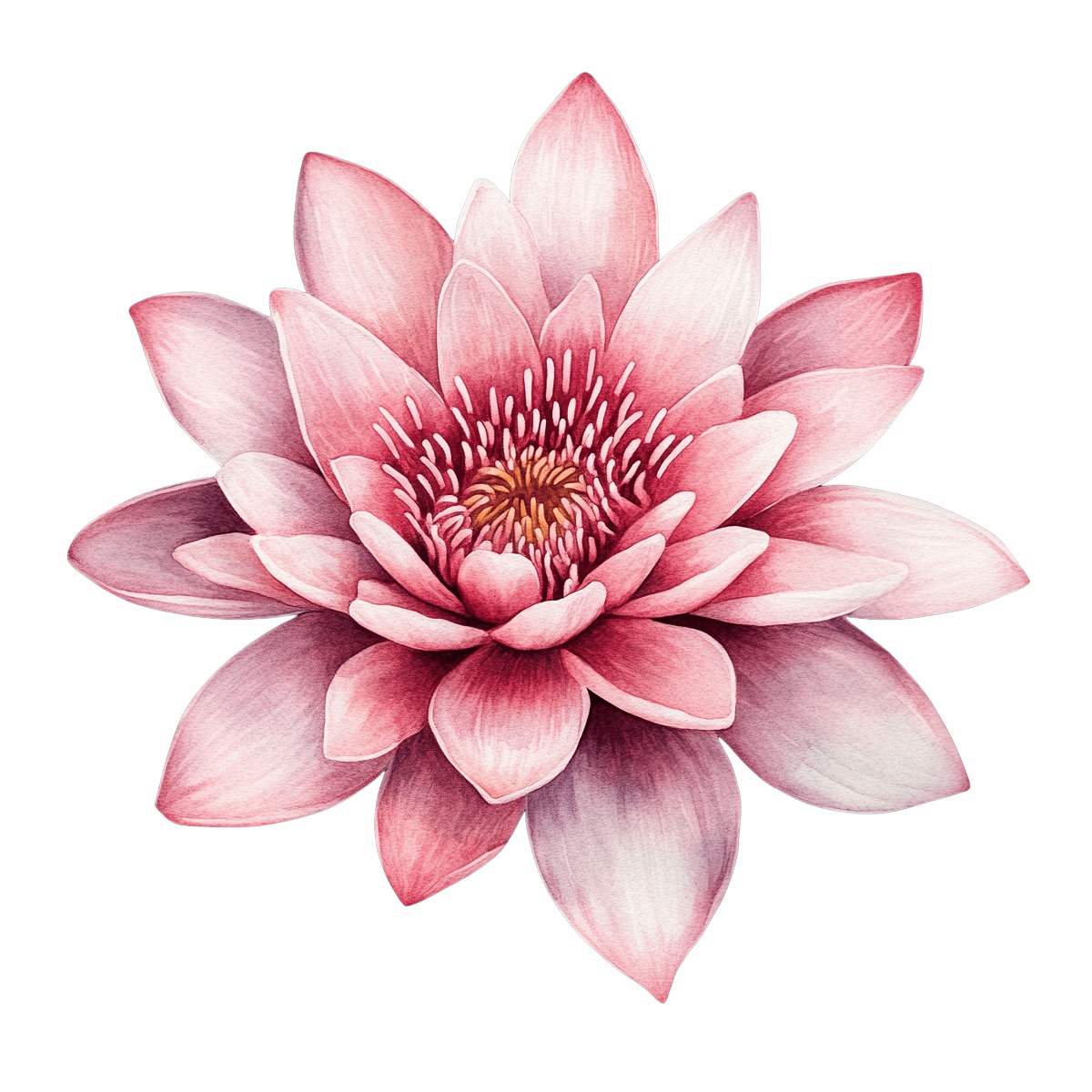 Pink lotus flower with layered petals and central stamen on black background.