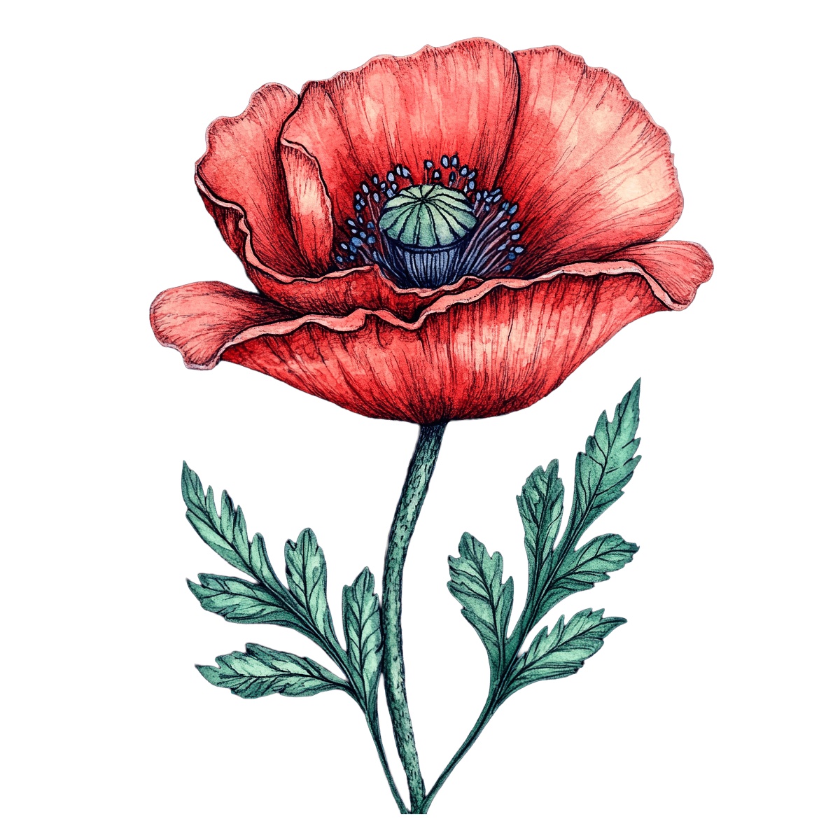 Red poppy flower with green leaves on a black background, detailed illustration.