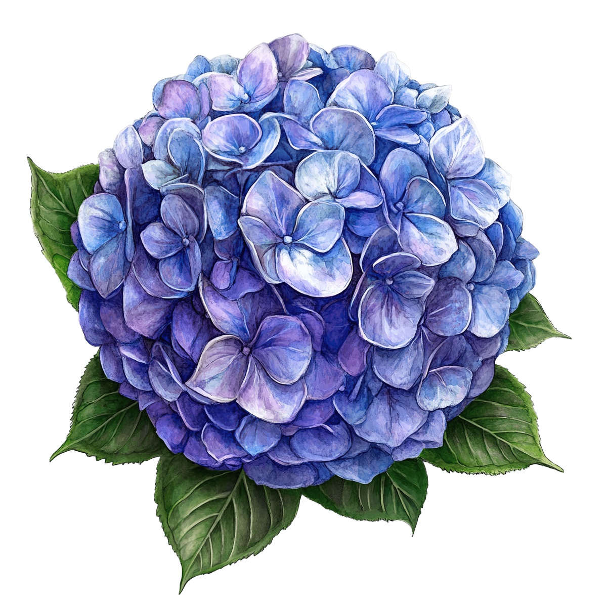Vibrant purple hydrangea flower illustration with green leaves on a black background.