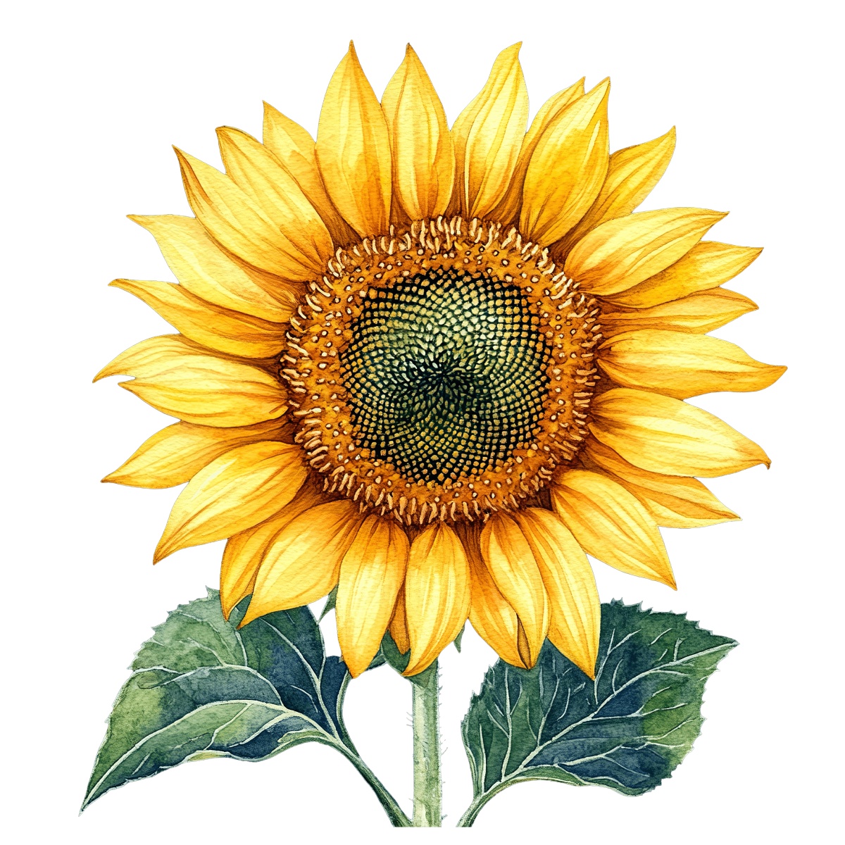 Detailed illustration of a sunflower with yellow petals and green leaves.