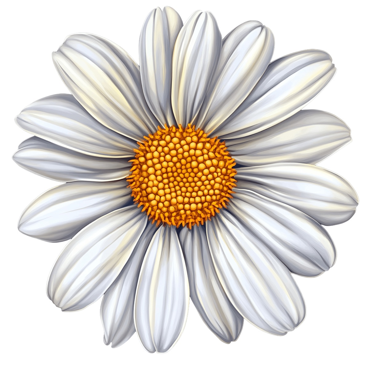 Illustration of a white daisy with a yellow center, on a black background.