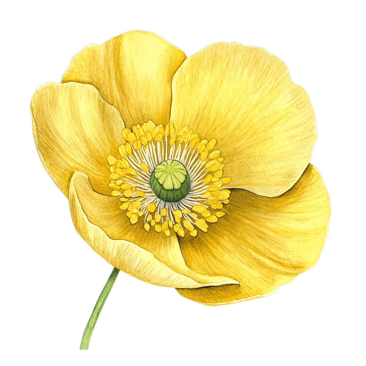 Yellow flower with detailed petals and green center on a black background.
