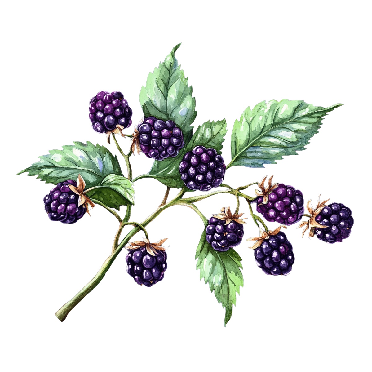 Blackberry branch featuring green leaves and dark purple berries.