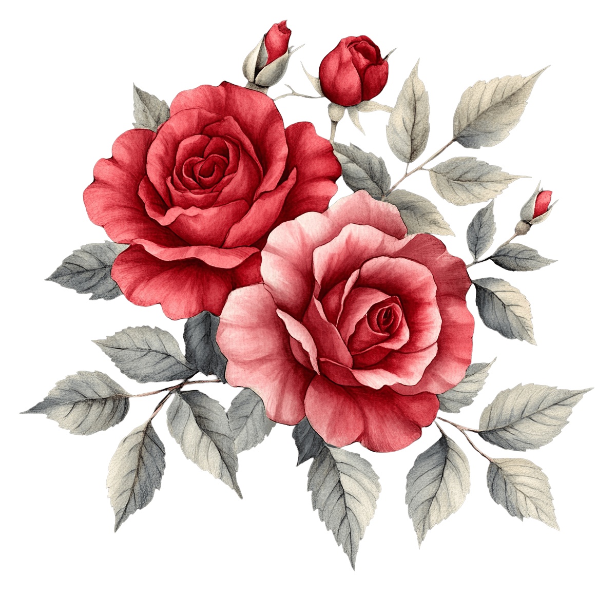 Illustration of red roses with green leaves depicted on a black background.