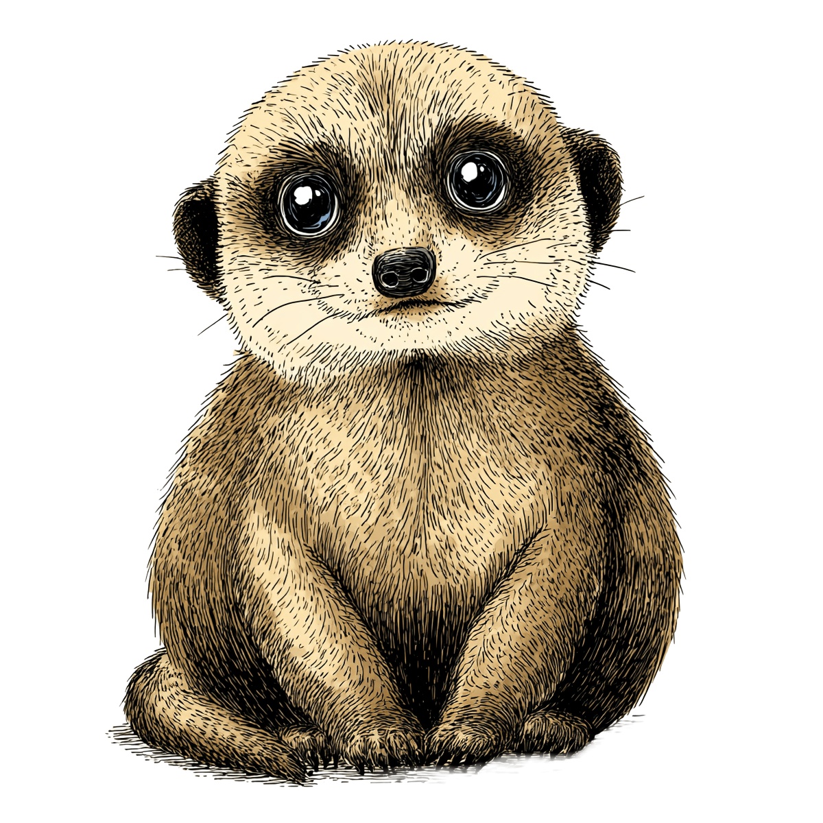 Meerkat illustration with detailed fur and large eyes on a dark background.