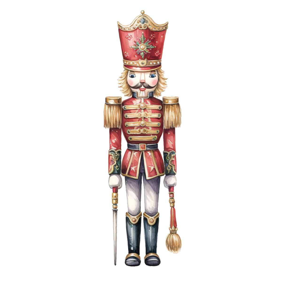 Nutcracker soldier in red and gold uniform holding a sword.