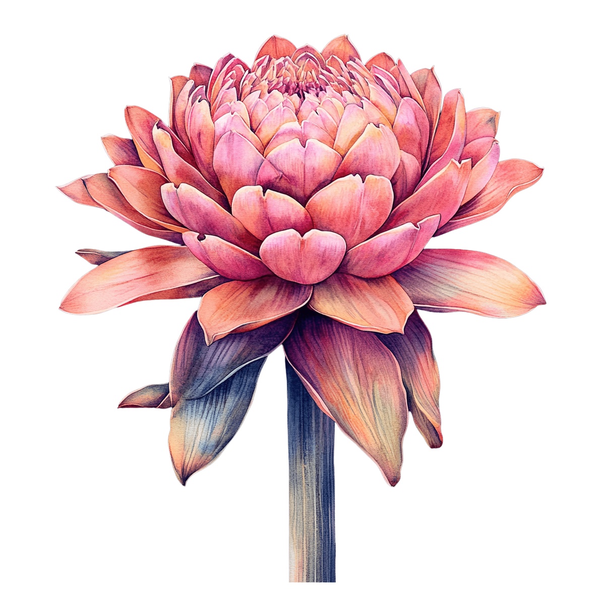 Pink lotus flower with detailed layered petals and a long stem.