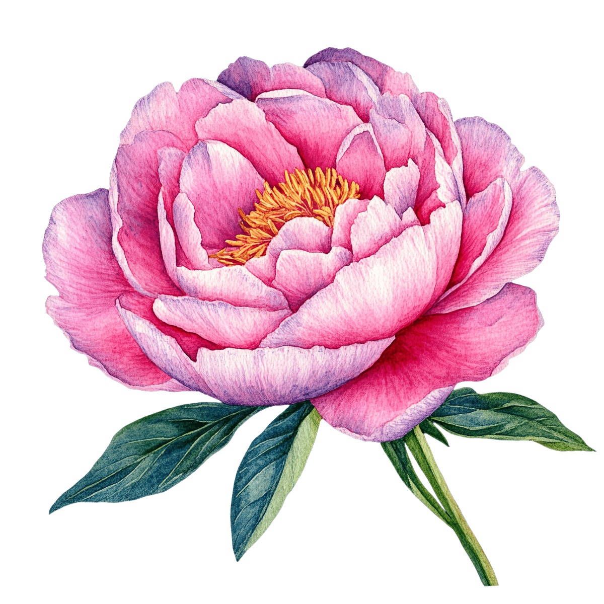 Pink peony flower with detailed petals and green leaves in clipart style.