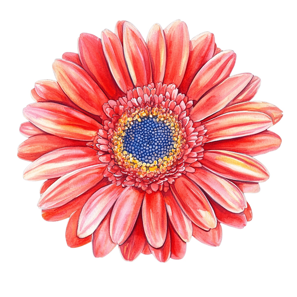 Illustration of a red gerbera daisy with a detailed blue center.