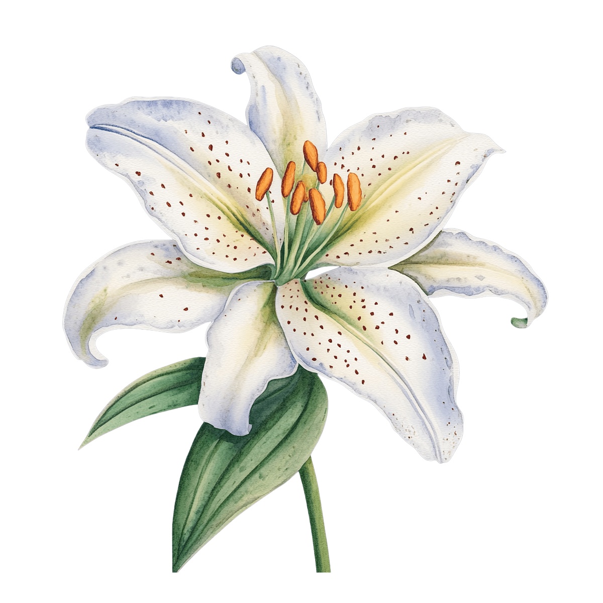 Watercolor illustration of a white lily with green leaves and orange stamens.