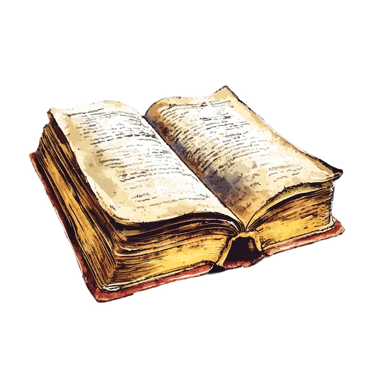 Open vintage book with visible text in a watercolor illustration style.