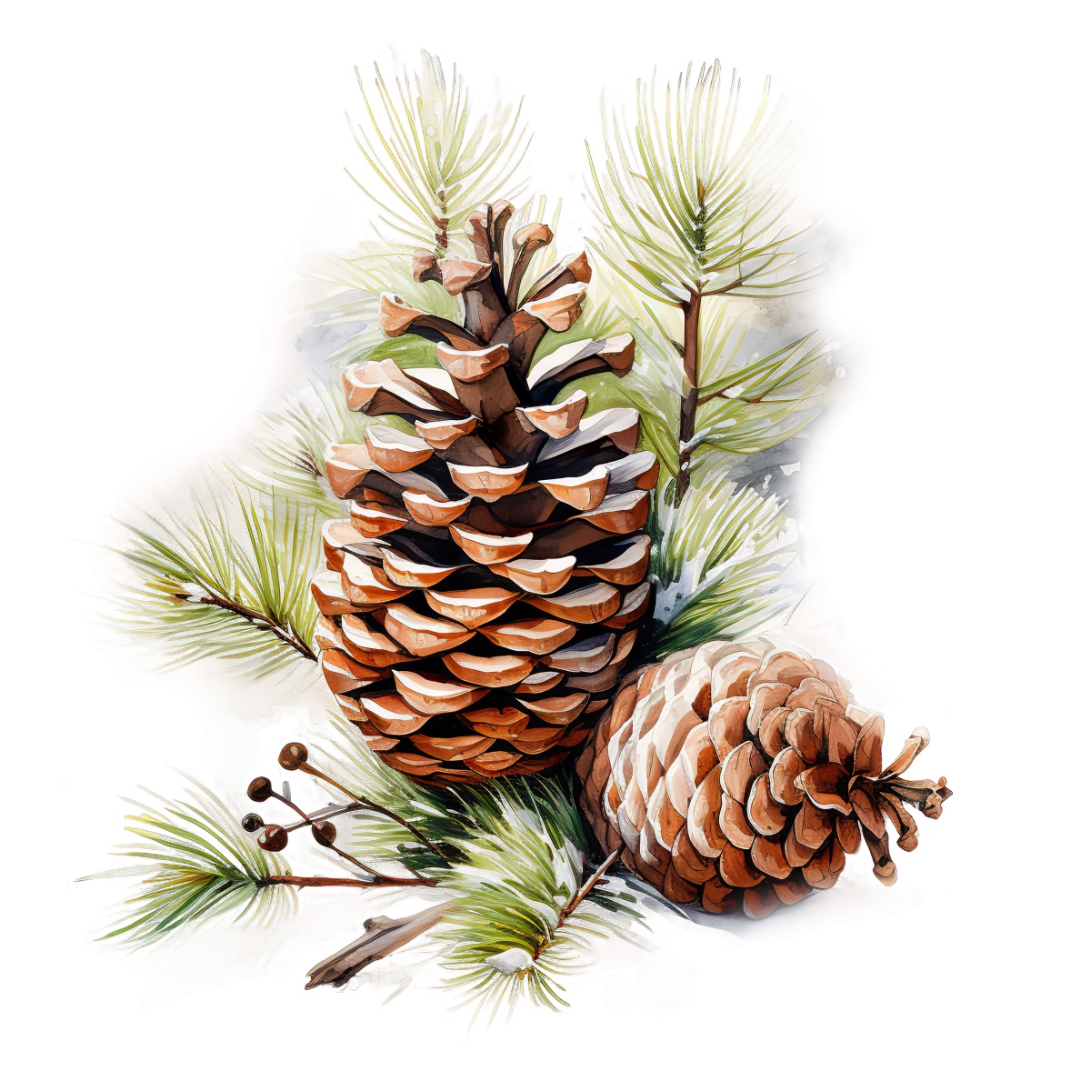 Watercolor illustration of pinecones with pine needles in detailed style.