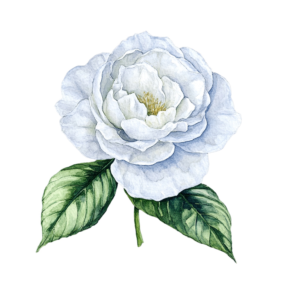 Illustration of a white camellia flower with green leaves on dark background.