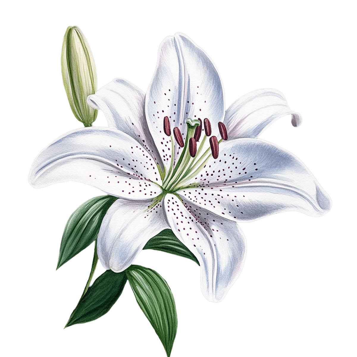 White lily flower with green leaves and a bud on a black background.
