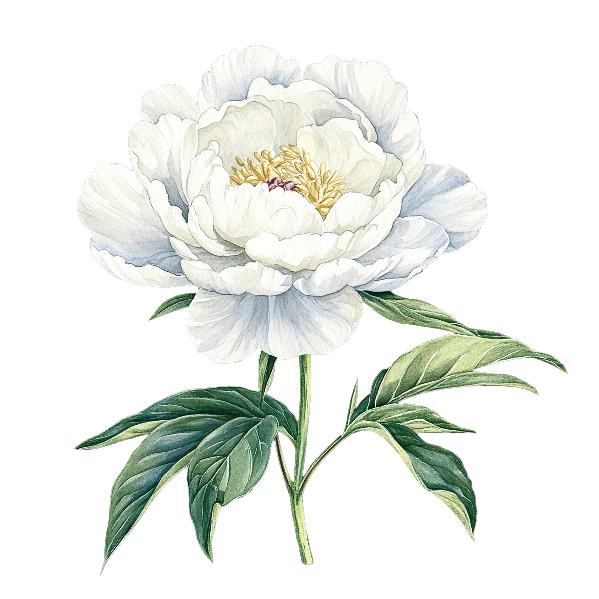 White peony flower with green leaves illustrated on a dark background.