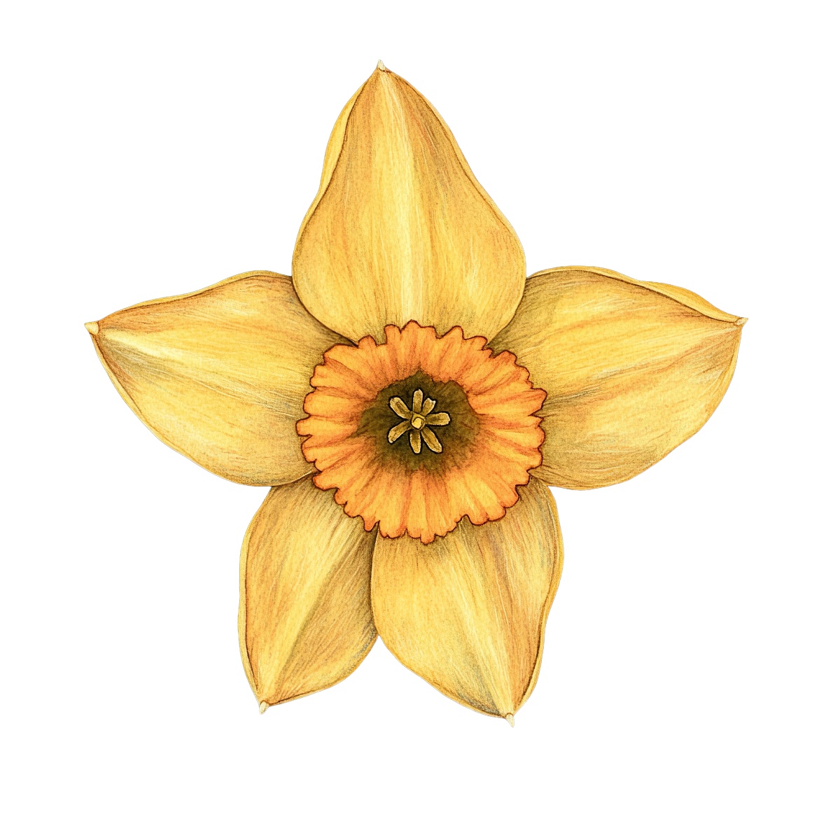 Yellow daffodil flower with orange center and five distinct petals.
