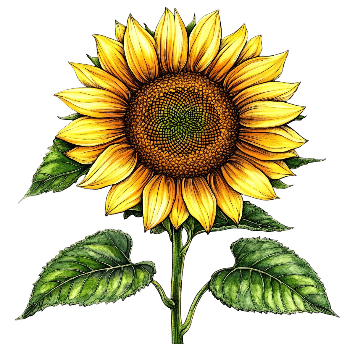 Yellow sunflower with detailed green leaves displayed against black.