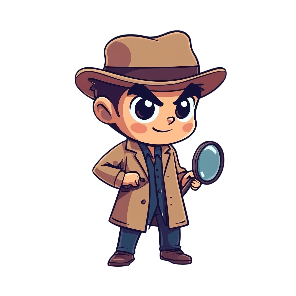 Cartoon detective character with a magnifying glass and trench coat.