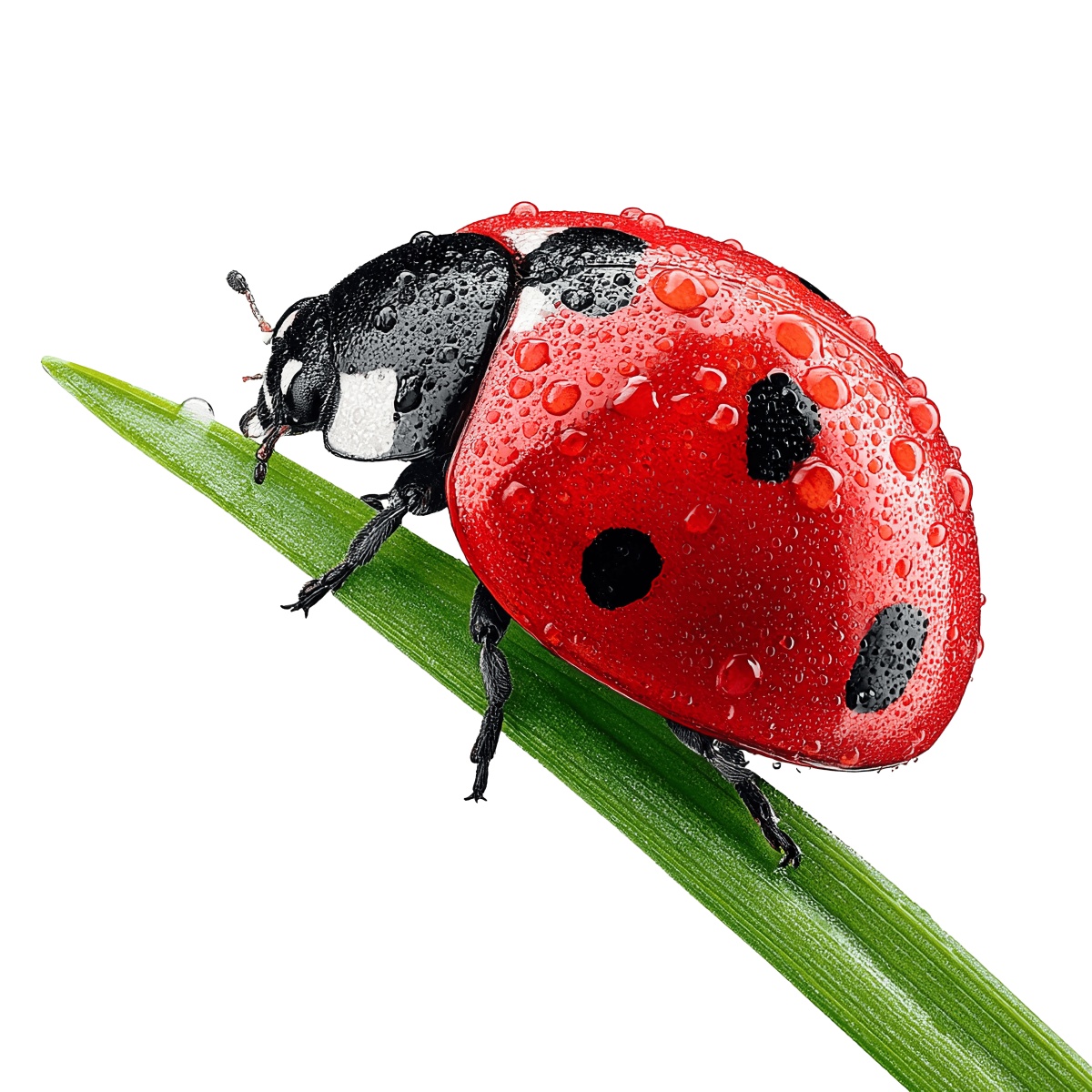 Red ladybug with dew on green grass