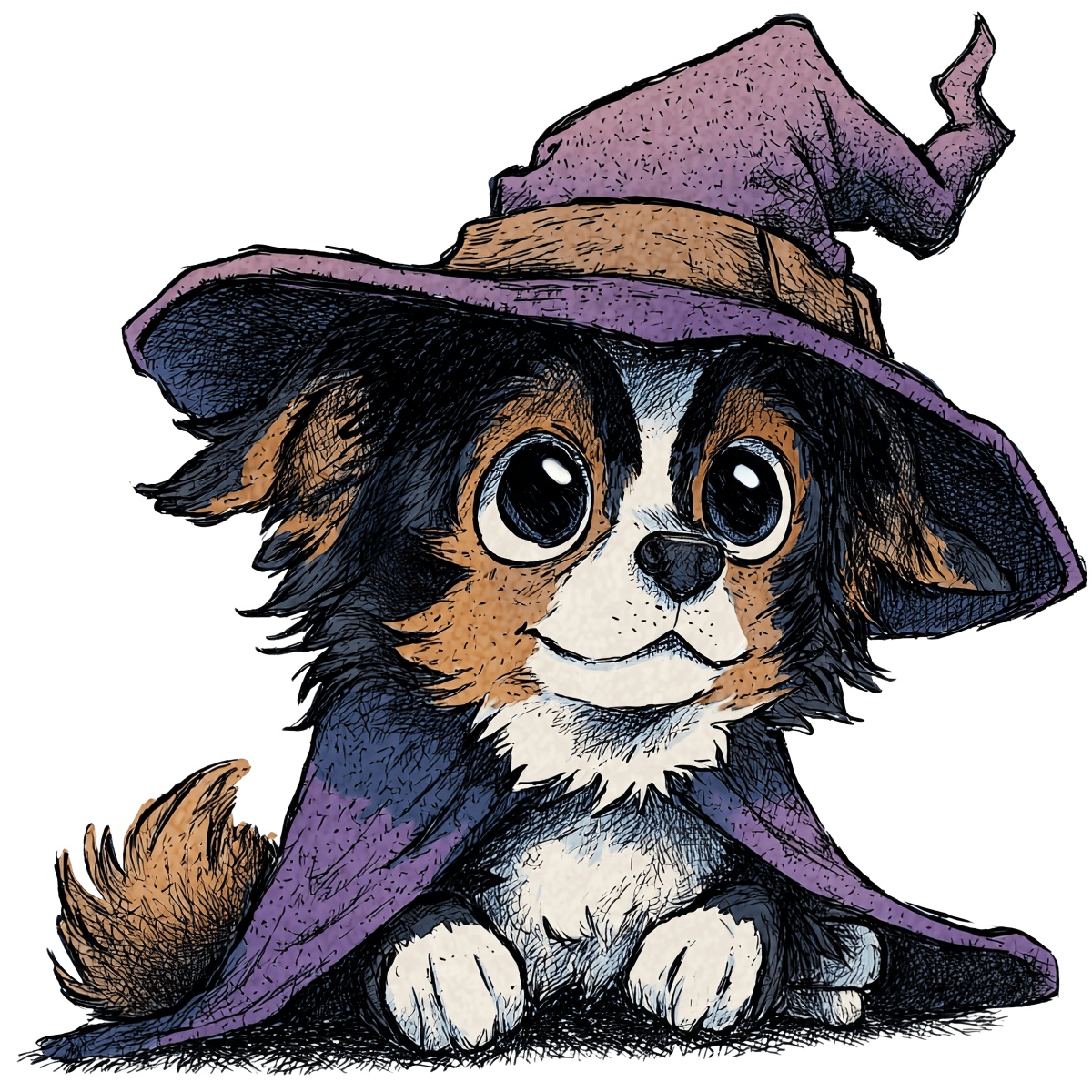Dog wearing a purple wizard hat, sitting with visible paws.