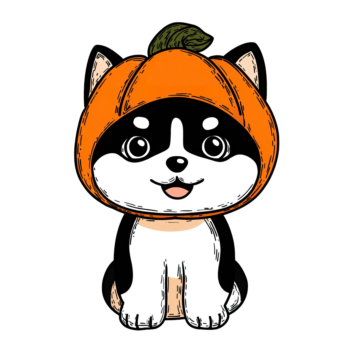 Dog with pumpkin hat, black and white design, clipart style.